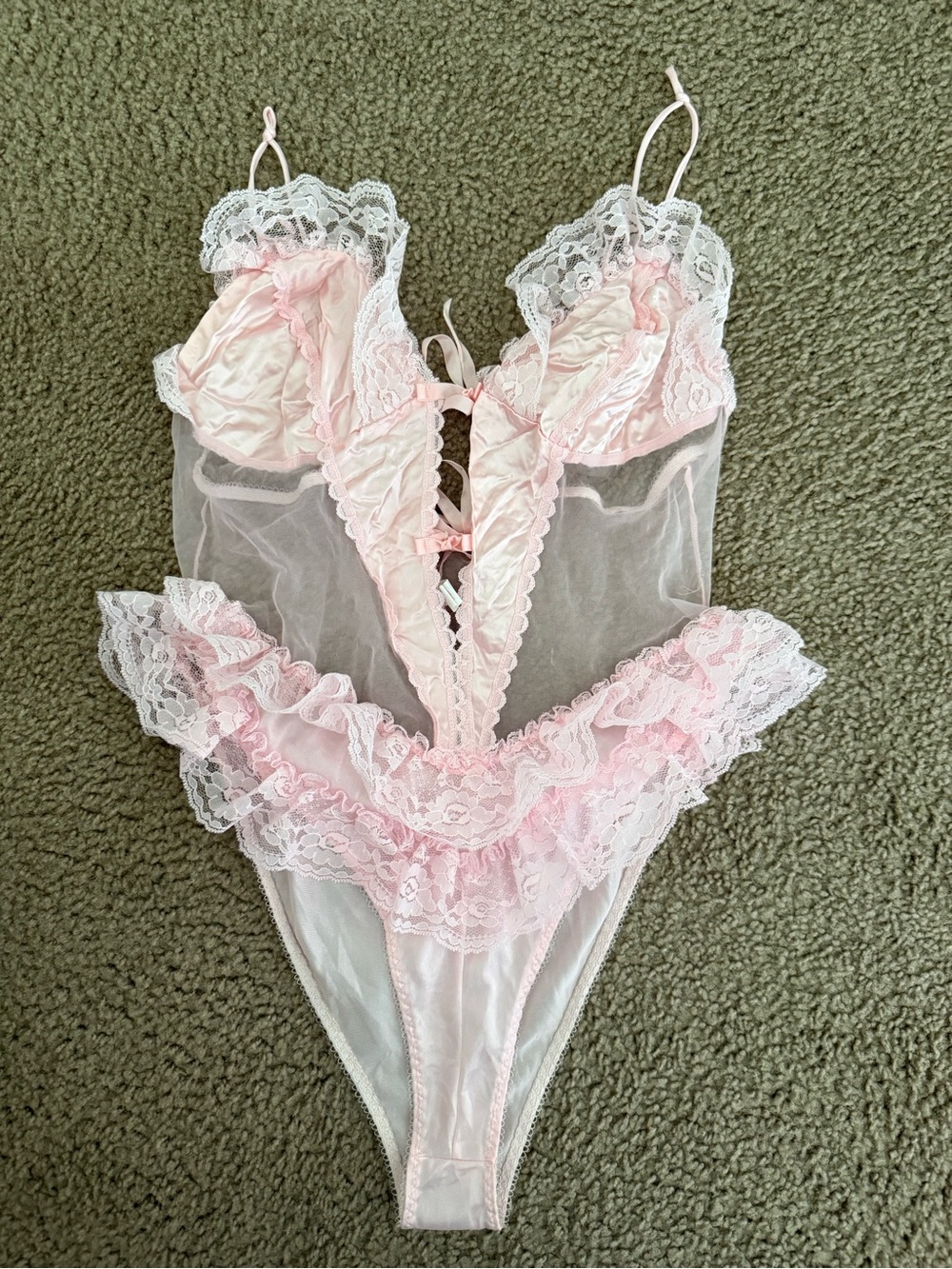 Delicate Pink Lace Ruffle Sheer Teddy